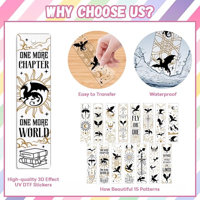 Peacoblue 30pcs UV DTF Bookmarks Transfer Stickers Wraps Magic and Dragons for Women Men Reading, Waterproof Bookmarkers Decal(No Blank Bookmarks) for Acrylic Plastic Metal Blank Bookmark