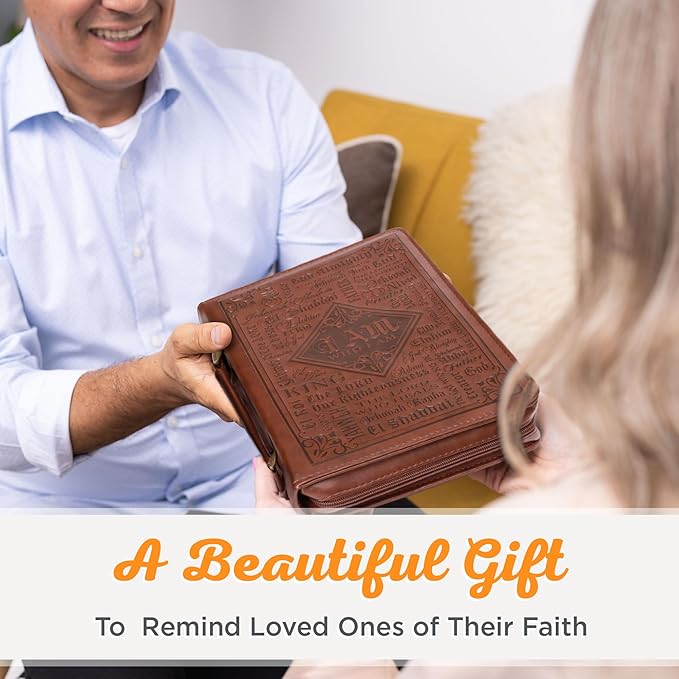 Christian Art Gifts Men's Classic Bible Cover Names of God Exodus 34:6, Brown Faux Leather, XL