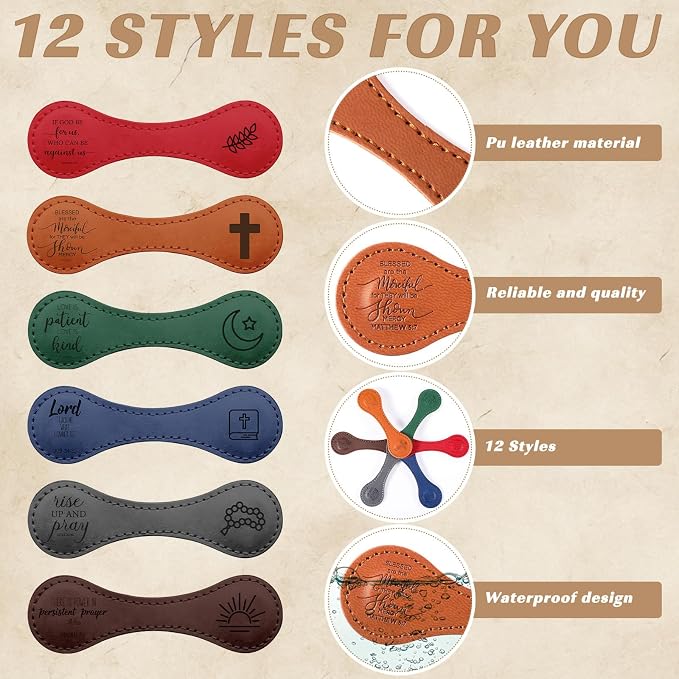 Sinload 12 Pcs Magnetic Christian Bookmarks Fathers Day Christian Gifts, Leather Bible Verse Bookmarks Scripture Page Markers for Men Dad Godfather Sunday School Reading Church Bible Study (Fashion)