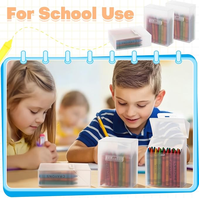 gisgfim 24 Pcs Plastic Clear Crayon Box Bulk Crayon Storage Organizer Stackable Holds 24 Crayons Boxes With Hinged Lid and Snap Closure for Pens School Office Supplies Organization