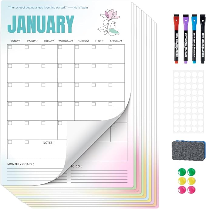 Ospelelf Undated Dry Erase Wall Calendar 12 Month, 12" x 17" Laminated Fridge Calendar 2026 Monthly Office Calendar, 12 Sheets