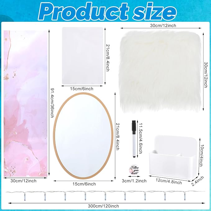 Timgle 13 Pcs School Locker Organizer and Decorating Kit Pink Marble Magnetic Wallpaper Whiteboard Magnetic Cup Mirror Marker Magnets Faux Fur Cushion String Lights for Back to School Supplies