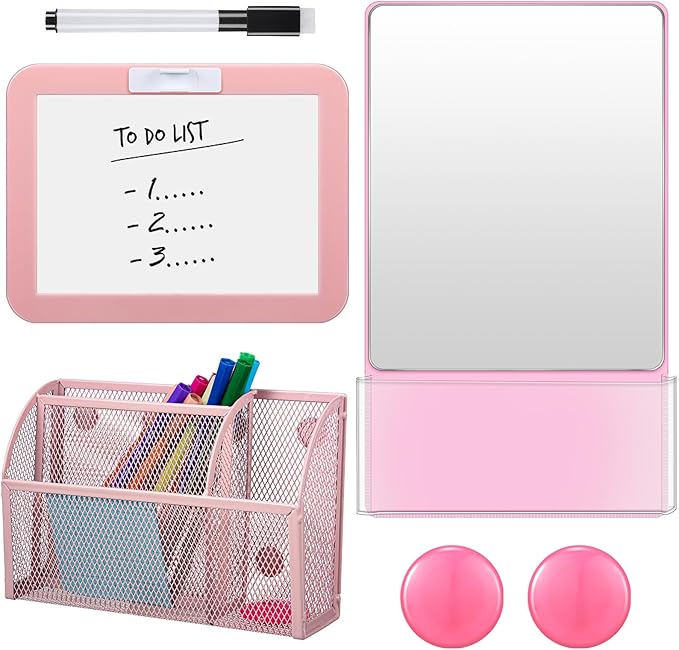 Fuyoooo Magnetic Locker Accessories Back to School Essentials Include Magnetic Mirror with Holder Magnet Mesh Pen Holder Small Whiteboard and Magnet for Office School Locker Organizer(Classic,Pink)