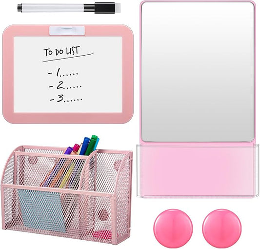 Fuyoooo Magnetic Locker Accessories Back to School Essentials Include Magnetic Mirror with Holder Magnet Mesh Pen Holder Small Whiteboard and Magnet for Office School Locker Organizer(Classic,Pink)