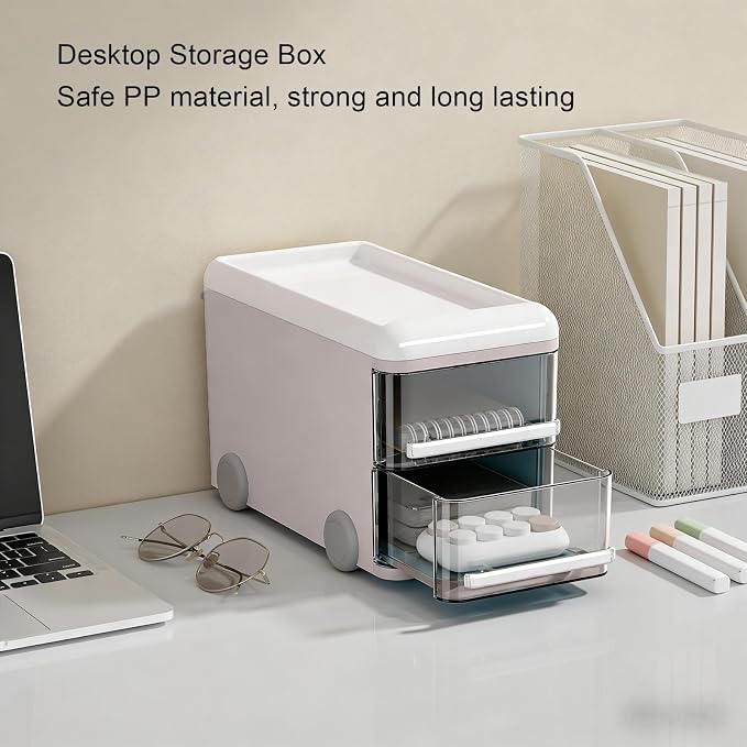 Cute Desk Organizer with drawers, Desktop Storage Box Drawer Type Stationery Organizer Cute Cartoon Pen Holder for Classroom Dormitory Home (White)