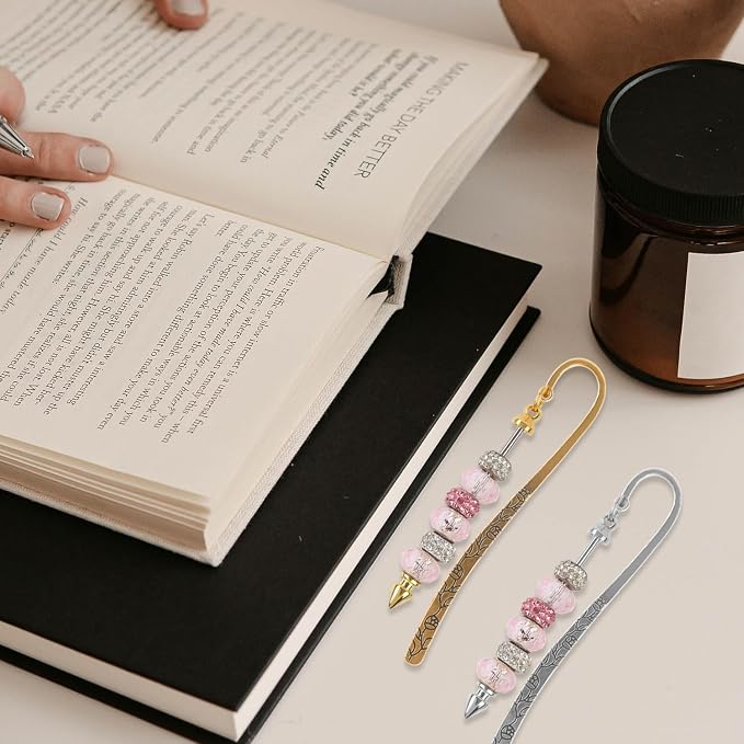 24 Pcs Beadable Bookmarks Metal Hook Bookmark Hairpin Beadable Keychains Bars Beaded Keychain Making Kit for Book Lovers Office Supplies 3 Colors