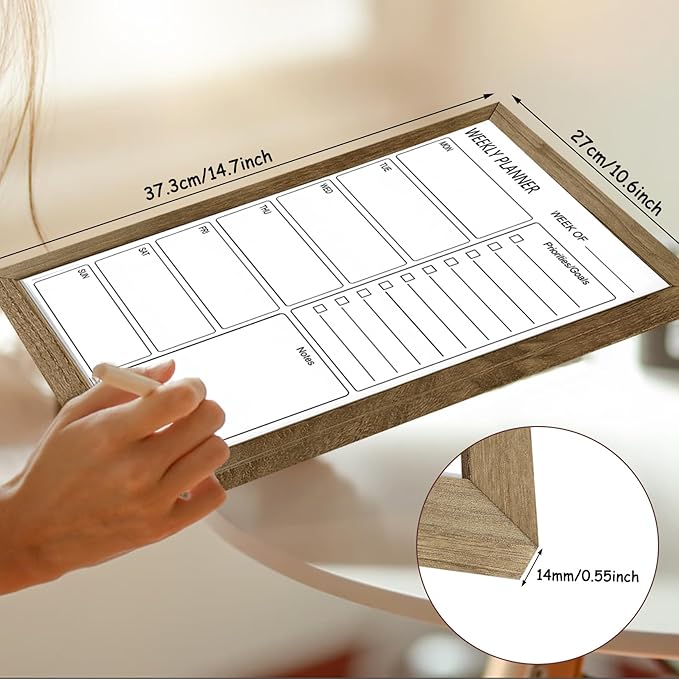 Dry Erase White Board Weekly Calendar Board, Magnetic Whiteboard for Wall,10.6“x14.7 Solid Wood Rustic Brown Framed Message Board, Planner Board for Office, Home, Schooll(Weekly-BB-RB-2737)