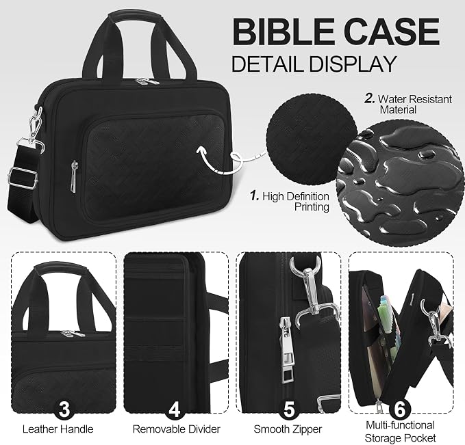 Large Bible Cover Case for Mens Boys Women Organizer, Church Bag Book Carrying Case with Highlighters Shoulder Strap Pens Cross Clip Study Supplies Journaling Kit, Christian Gifts Black