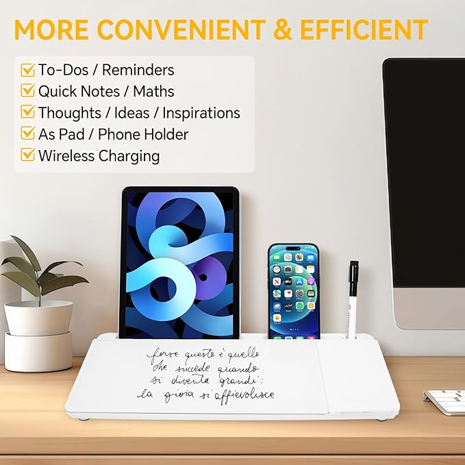 Small Glass Desktop Whiteboard Dry Erase Board with Wireless Charger Station - Computer Pad Keyboard Stand with Organizer for Home, School, Office Desk Accessories