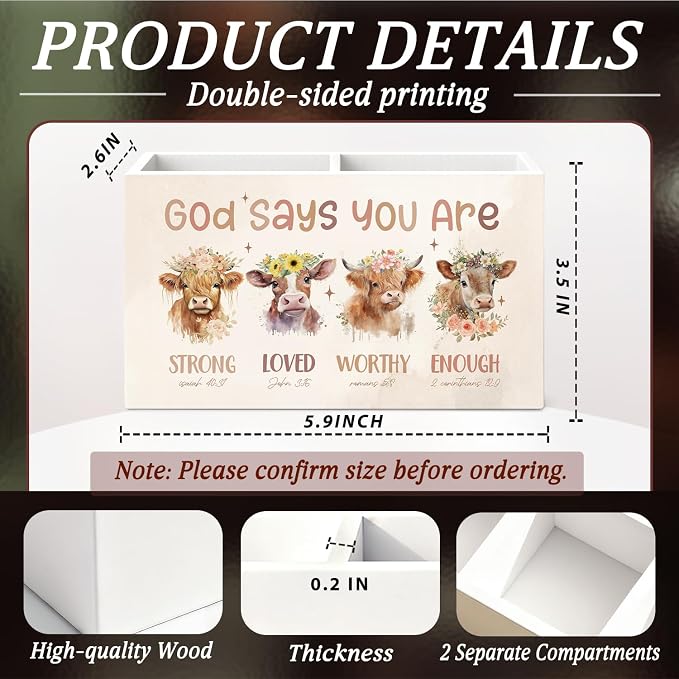 Inspirational Highland Cow Pen Holder for Desk Accessories Christian Highland Cow Gifts,God Says You Are Bible Verse Pencil Holders Wooden Box Organizer for Home Office Bedroom Desk Tabletop