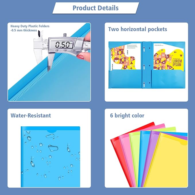 INFUN Heavy Duty Plastic Pocket Folder with Prongs and Clear Front Pocket - 18 Pack, 3 Prong Folders with Pockets and Card Slot, Assorted Colors