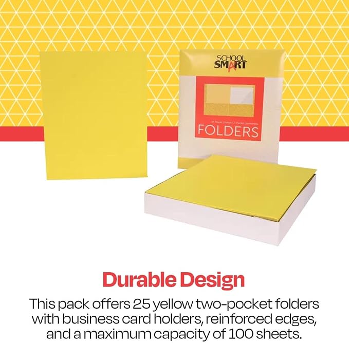 School Smart 2-Pocket Folders with No Brads, Yellow, Pack of 25