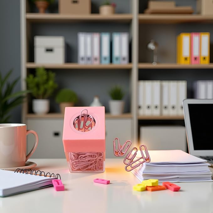 Pink Paper Cilp Dispenser Holder Clear Acrylic Organizers with Magnetic Top for Desk Cute Office Binder Clip, Paper Clip Holders