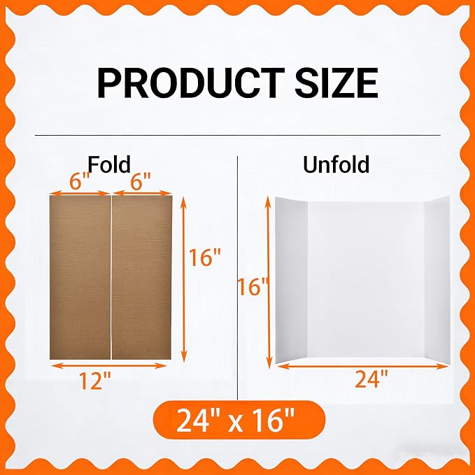 6 Pack Trifold Display Board (24" x16"), White Corrugated Poster Board for School Projects, Science Fairs, Presentations