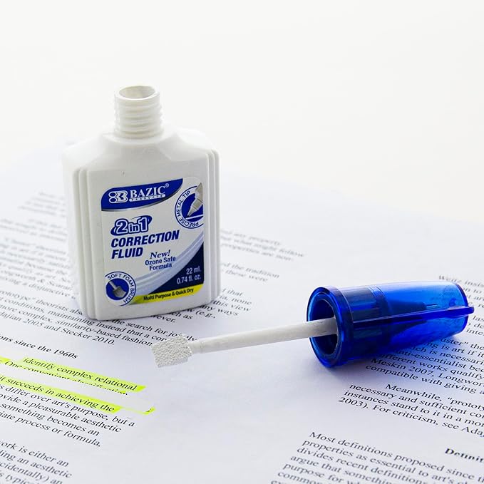 BAZIC Products Correction Liquid 2 in 1 (0.74 oz / 22 ml), Foam Brush & Precise Metal Tip Applicator, Instant Corrections Pen White Out Wipe Out Fluid, 1-Pack