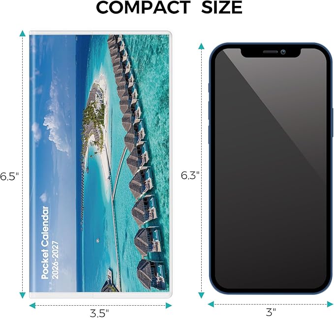 Pocket Calendar 2026-2027 for Purse, 2026-2027 Pocket Planner 24 Months with Soft Waterproof Cover and Premium Paper, 6.5" x 3.5", Beach