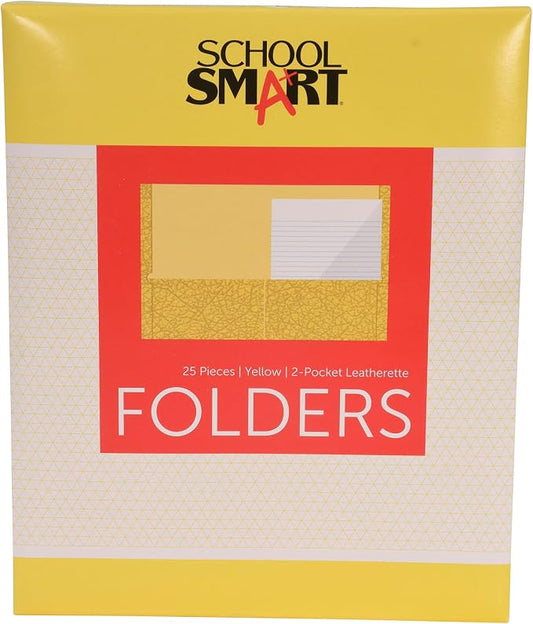 School Smart 2-Pocket Folders with No Brads, Yellow, Pack of 25