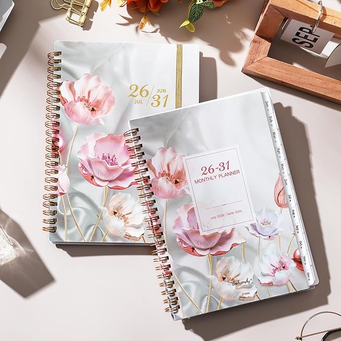 2026-2031 Monthly Planner - 5 Year Planner/Calendar, 5 Year Planner 2026-2031, Spiral Bound, Jul. 2026 - Jun. 2031, 6.4" x 8.5" Planners with Tabs, 60 Month Calendar, Two-Side Pocket - Pink Flower