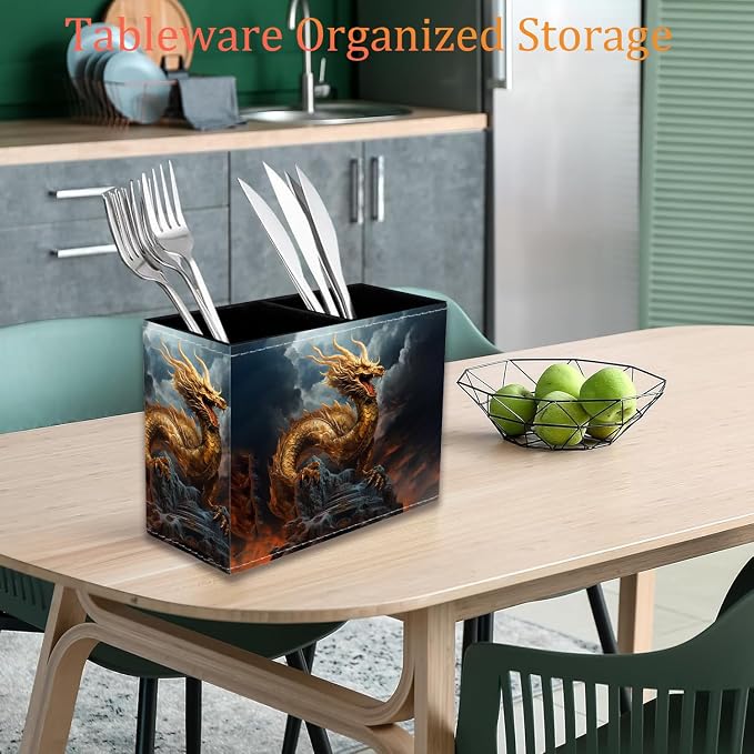 Pen Holder for Desk, PU Leather Multifunctional Desktop Storage Box and Anti-Slip Mouse Pad Set, Makeup Brush Holder Pen Organizer for Office and Home - Golden Dragon