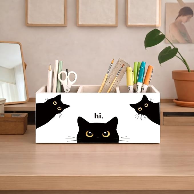 Black Cat Desk Organizer Wooden Pen Pencil Holder for Desk, 3 Compartments Office Desk Accessories, Cute Peeking Cat Desk Decor, Funny Cat Lover Gifts for Women Home Office Desk Storage