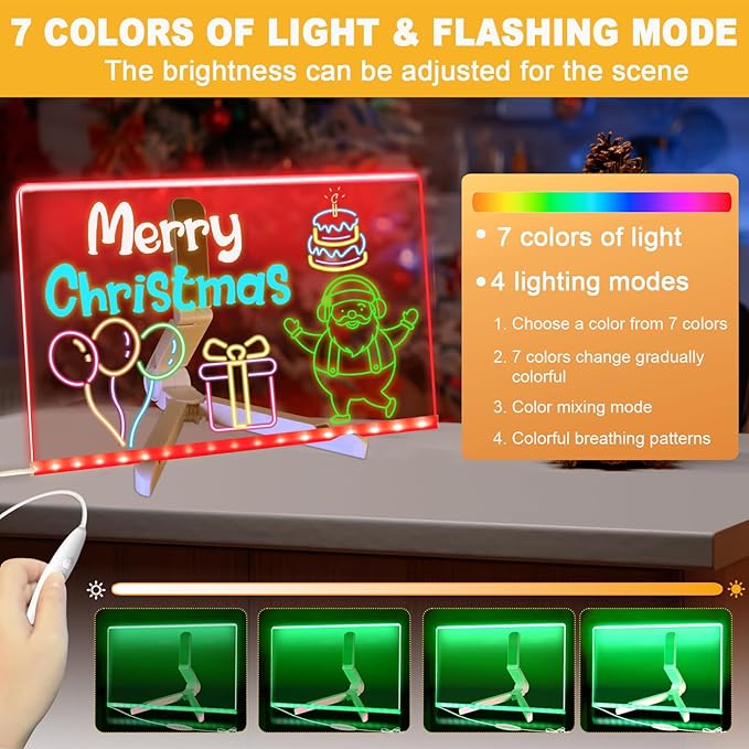 Lumiboard LED Drawing Board, Light Up Acrylic Dry Erase Board with 7 Colors, LED Note Board with Colors, LED Message Writing Board, Adjustable Stand & Drawing Stencils Set Included