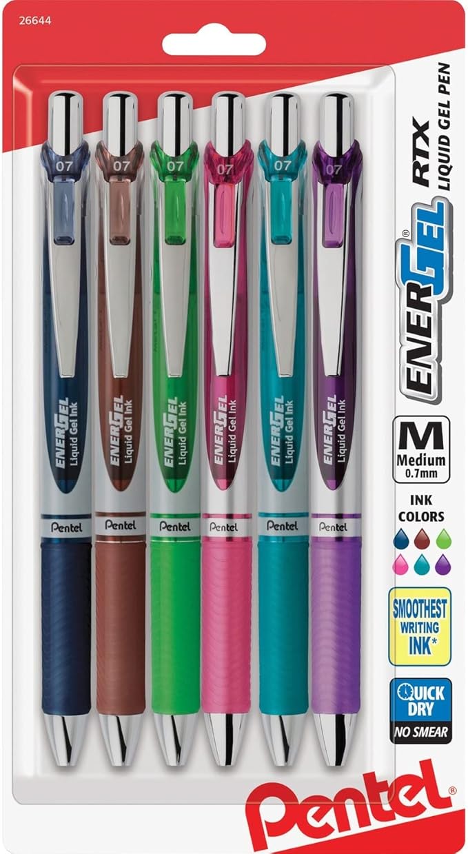 Pentel EnerGel RTX Retractable Liquid Gel Pen, (0.7mm) Metal Tip, Medium Line, Assorted Ink, 6-Pk (BL77BP6M1)