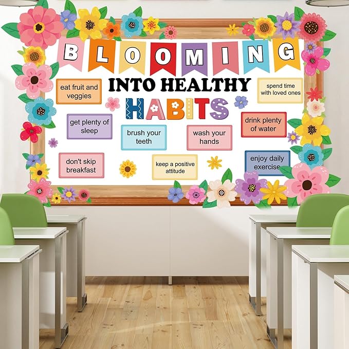 Spring Wildflower Bulletin Board Decorations Set Health Habits Classroom Bulletin Board Border Bloom Colorful Wildflower Decor Floral Paper Cutouts for Back to School Home Wall Chalkboard Supplies
