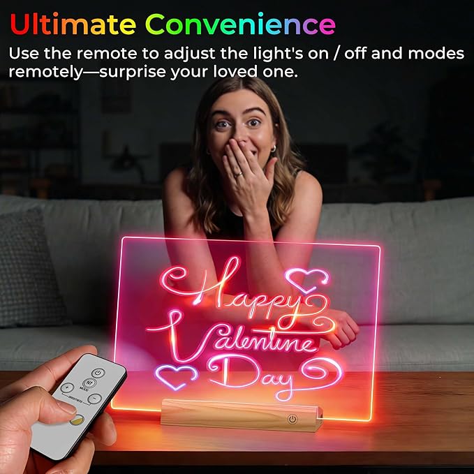 Rechargeable 11.8”×7.9” Glow Doodle LED Note Board with Colors,2 Modes&7 Colors with Remote Control,LED Drawing Board for Office/Café/Home Decor&Message,Birthday/Holiday Gifts,Wood Grain