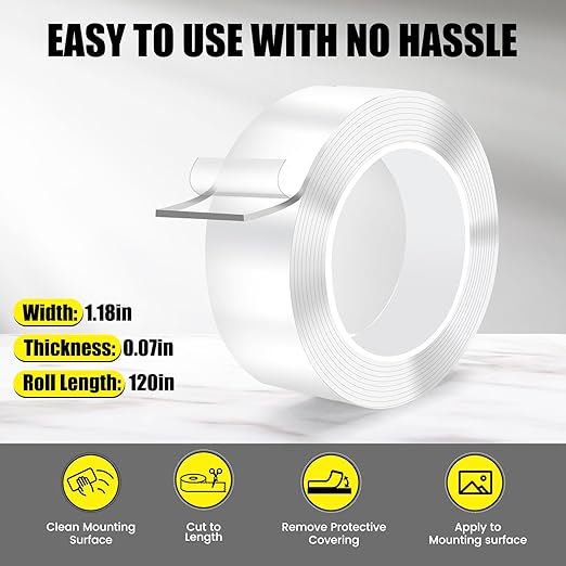 VUBOJO 2 Rolls Double Sided Tape Heavy Duty - 240" x 1.18" -Removable Nano Double Sided Adhesive Tape, Clear Mounting Tape Picture Hanging Adhesive Strips (20FT)