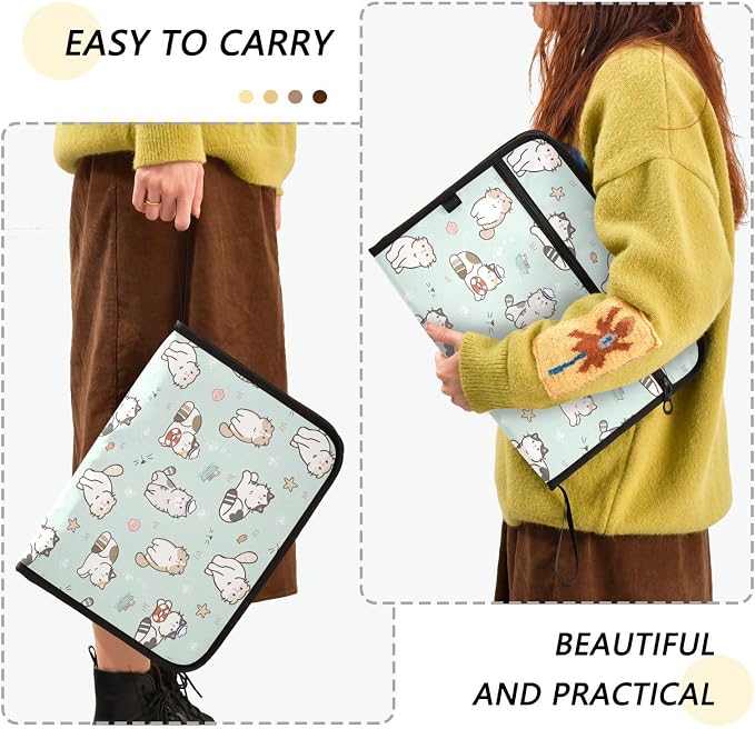 Cute Cats Green Expanding Accordion File Folder with 13 Pockets and Zipper Closure