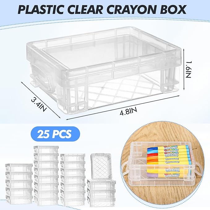 Suzile 25 Pcs Plastic Crayon Boxes with Snap Lids Crayon Storage Organizer Stackable Crayon Container Bulk Crayon Case for Pen Pencil Crafts Classroom Supplies (Clear)