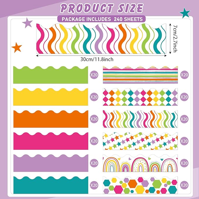 240 Pcs 236ft Holiday Bulletin Board Borders Colorful Rainbow Scalloped Border Trim Bulk Bulletin Decor for Classroom Back to School Decor(Multicolor Style)