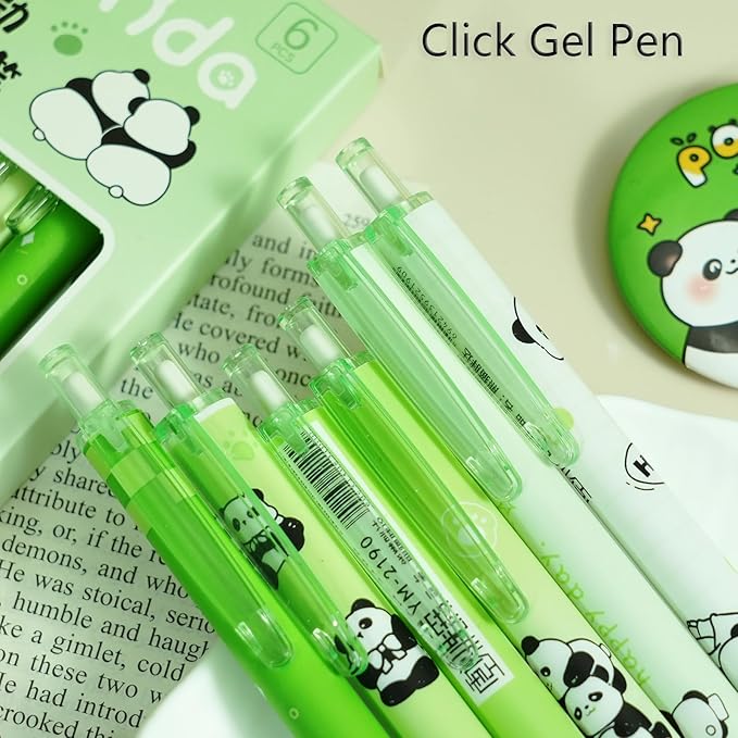 12 Pcs Cartoon Retractable Gel Ink Pens, 0.5mm Fine Tip Black Ink Cute Panda Pen Set, Ideal for Office, School, Women & Men (Black Ink - Panda)