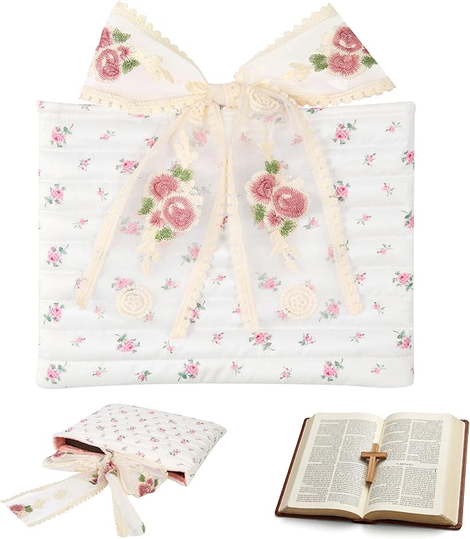 Vintage Pink Rose Quilted Bible Book Bag Cover for Women – Fits Standard Size Bibles Padded Protector Washable Cotton Bag with Elegant Lace Handle with Interior Zipper Pocket