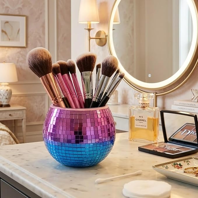 Disco Ball Pencil Holder for Desk - Cute Office Decor & Makeup Brush Organizer, 4.7 Inch Sparkly Glass Pen Cup, Fun Desk Accessories for Women (RAINBOW)