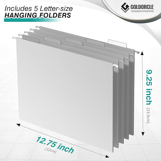 Hanging File Organizer, Letter-Size File Holder Filing Box with 5 Hanging Folders, Metal Mesh Desk File Folder Storage(No Assembly Required) (with 5 Grey Folders)