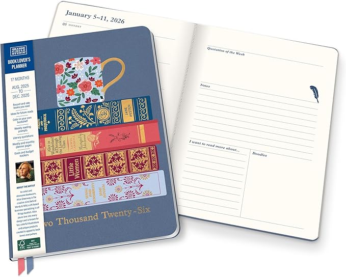 Orange Circle Studio Academic Planner 2025-2026, Fully Booked Clara, 17-Month August 2025 to December 2026, 8.75" x 6.2", Monthly & Weekly Planner, Goal & Budget Trackers, Textured Cloth Cover with Ribbon Markers