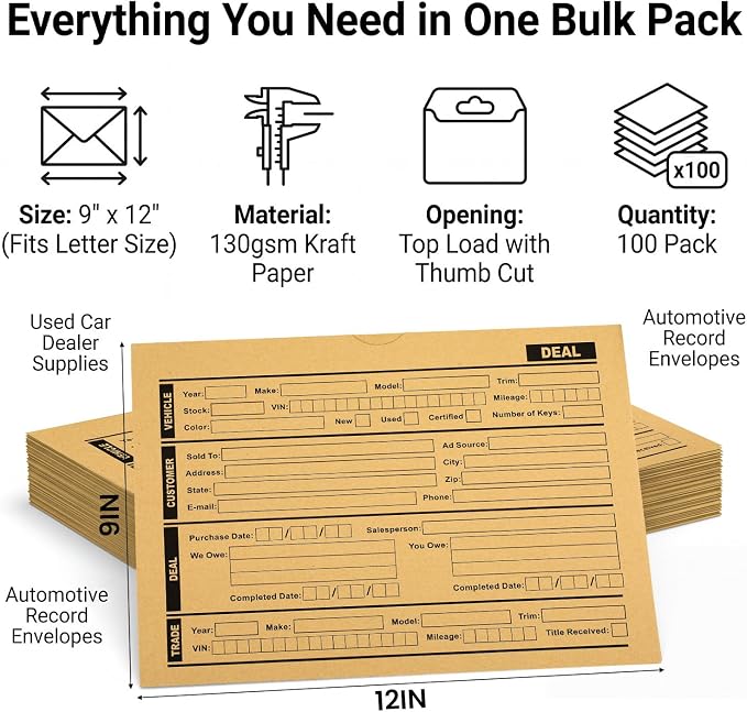 Sabary 100 Pcs Vehicle Dealer Jackets 9 x 12 Inches Printed Vehicle Deal Envelopes Car Sales Deal Folders Auto Dealers Envelopes for Office Dealership Supplies File Jackets (Yellow)