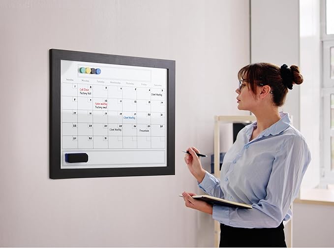 Large Magnetic Dry Erase Whiteboard Calendar with Real Wooden Frame, Large 24" x 30" Size, Wall Mount, Includes 4 Assorted Color Markers, Eraser and 4 Magnets, by Better Office Products (Solid Black)