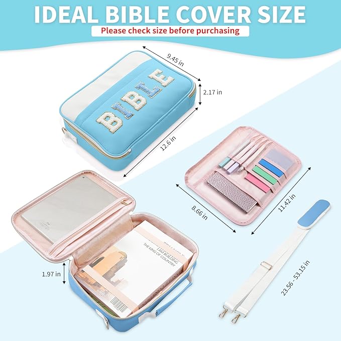 KOPKOFT Bible Cover Case for Women, Large Chenille Letter Leather Bible Case with Bible Study Accessories, Bible Study Supplies Bible Journaling Kit, Christmas Christian Gift for Women Girls (Blue)