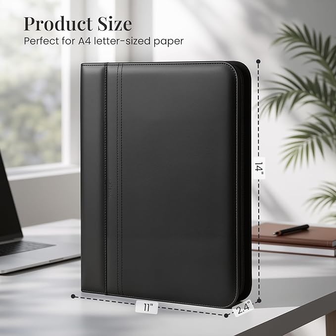 3-Ring Padfolio Portfolio Organizer Binder,Faux Leather Interview Resume Folder,Letter Size A4 Legal Writing Pad Holder for Business School Office Conference Notepad Clip Boards (Black)