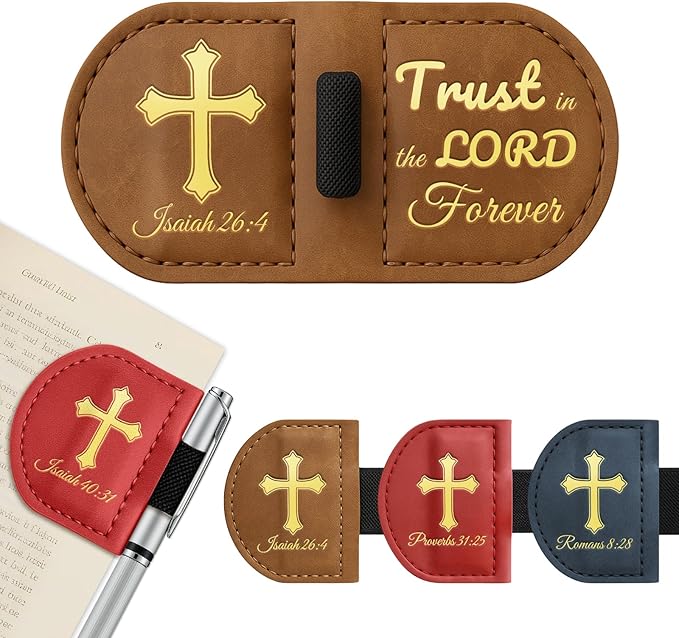 Personalized Magnetic Leather Bookmark with Pen Holder - Bygone Mark Custom Bible Verse Bookmarker,Book Marker for Men & Women,Book Lovers,Readers,Church(Brown，Isaiah 26:4)