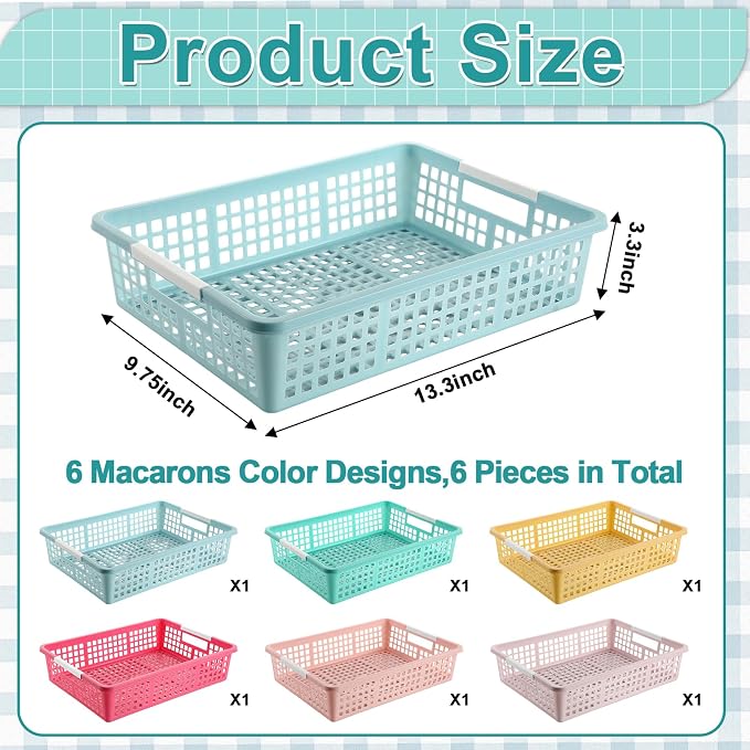 6 PCS Plastic Classroom Turn in Paper Trays Storage Bin Basket Organizers Holds 4A Paper File for School Teacher Supplies Classroom Office Home Organization and Storage Tray (Macarons)