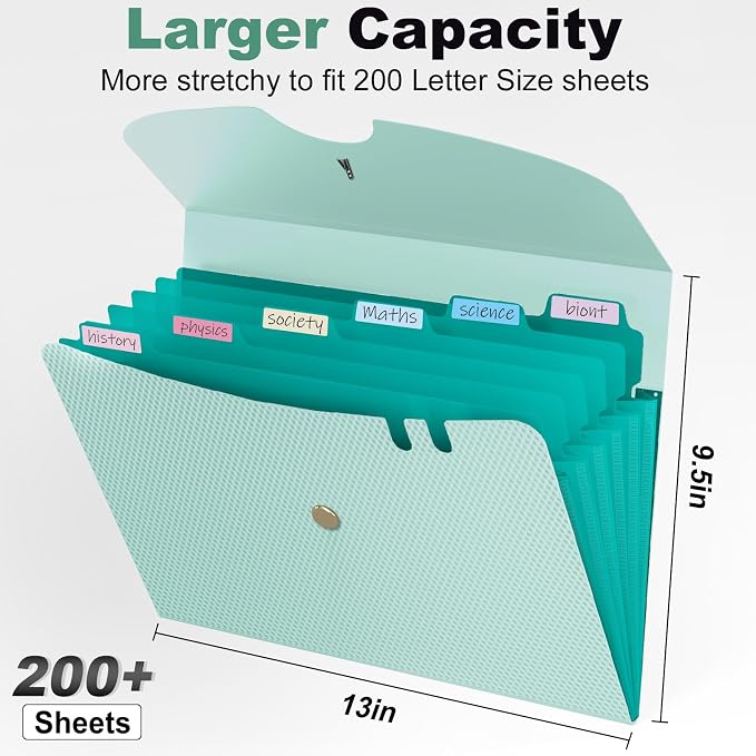 Sooez 7 Pocket Accordion File Organizer, Premium Expanding File Folder, Letter Size Folders for Documents, Sleek Filing Folders with Bungee Closure, Portable Folders for School Office Supplies, Green