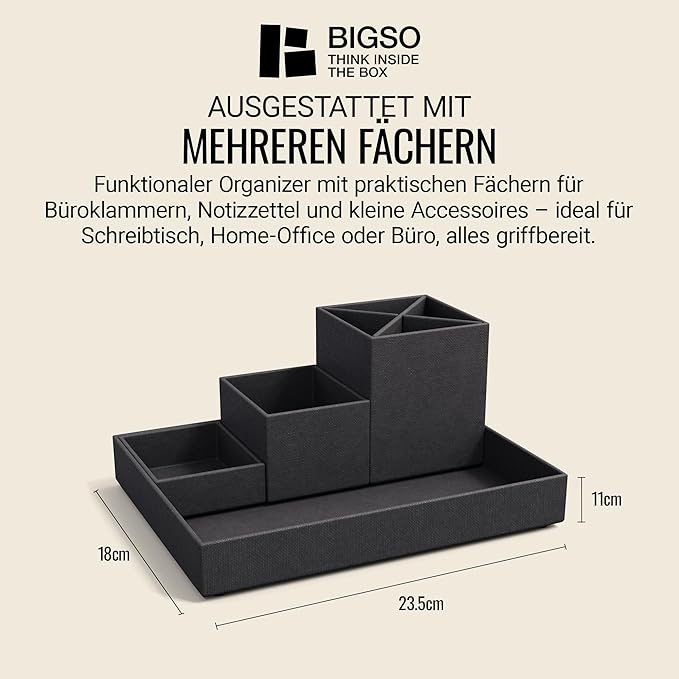 BIGSO LENA Desk Organiser for Pens, Paper Clips, Sticky Notes etc. - Sorting Box with 4 Compartments - Fibreboard and Paper Organiser System in Linen Look - Black