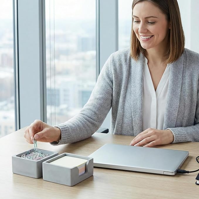 Concrete Desk Organizer Set of 2 - Minimalist Sticky Note Holder & Paper Clip Dispenser - Heavy Duty Office Desk Accessories with Non-Slip Base for Home Workspace Organizer & Desk Decor, Gray