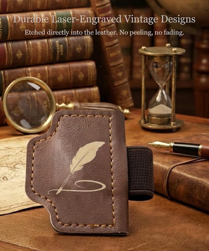 3-Pack Magnetic Leather Bookmarks for Bible, Thin Page Markers with Small Pen Loop, Laser Engraved Religious Christian Gifts for Women & Men, Vintage Leather Book Markers (Quill Pens)