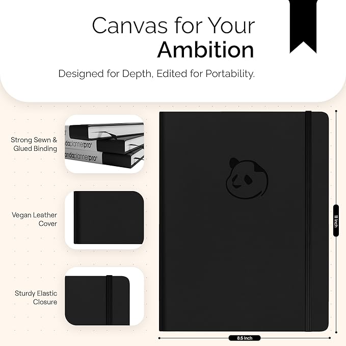 Panda Planner Pro A4 Daily Planner 2026 – 6 Month Large 8.5x11 Undated Academic & Productivity Planner with Daily, Weekly & Monthly Calendar, Work Planner, Goal Tracker, Habit Tracker & Personal Development Organizer – Black