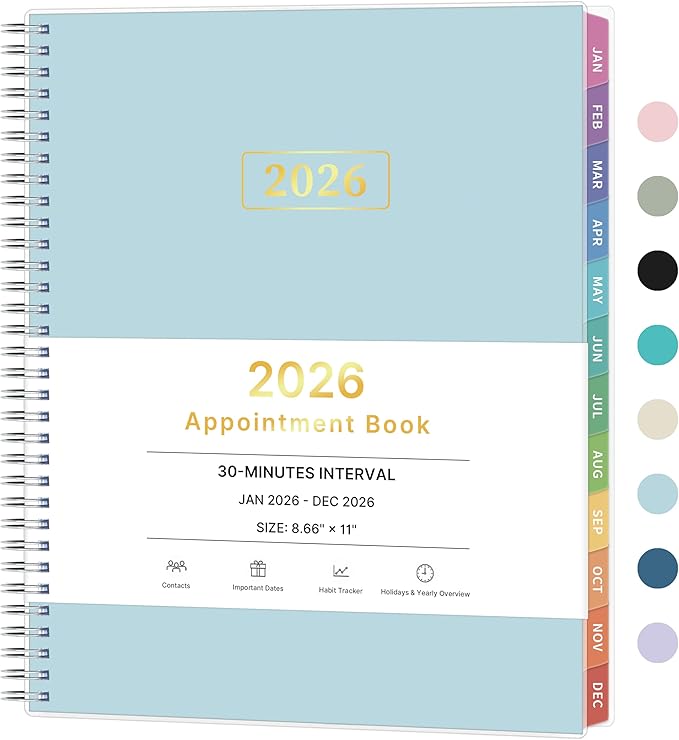 2026 Appointment Book, 30 Minutes-Hourly, Weekly ＆ Monthly Calendar Planner 2026, Jan 2026 - Dec 2026, 8.5'' x 11'', 2026 Daily Planner with Tabs ＆Pocket, Flexible Cover, Great for Office, Home, School