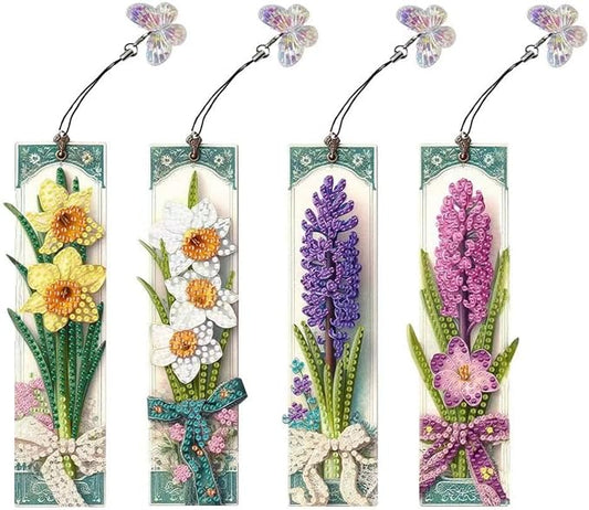 ARTopet 4Pcs DIY Diamond Art Painting Bookmarks with Colorful Butterfly Pendant PET Bookmark Ornament Double Sided Pattern Single Sided Diamond Book Marker Clip Gifts Tags-Flowers04